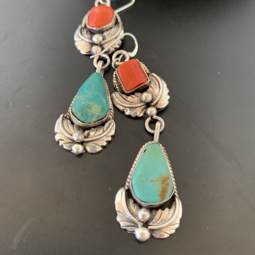 Navajo Green Royston Turquoise Red Coral Dangle Earrings | Sterling Silver | Authentic Native American Handmade | 2054
