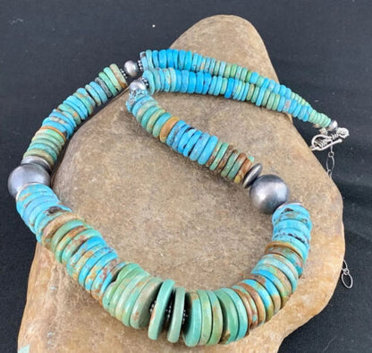 Navajo Sterling Silver Necklace with Southwestern Blue Green Turquoise | 20" | Graduated | Authentic Native American Jewelry