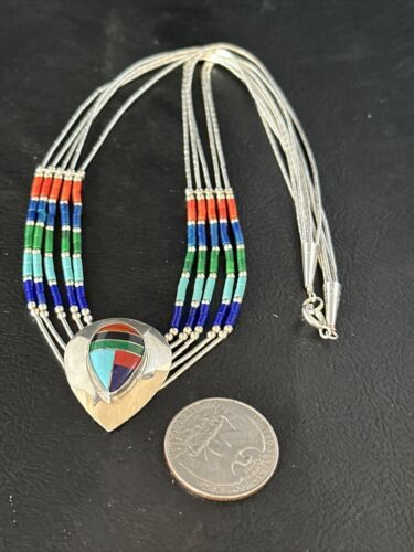 Multi-Color Liquid Silver Heishi 5-Strand Necklace | Sterling Silver Pendant | Native American Handmade | 14824 - Masha USA