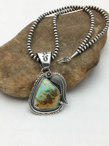 Navajo Pearls Sterling Silver Royston Turquoise Necklace Pendant Set | 2.75" | Authentic Native American Handmade | 2880