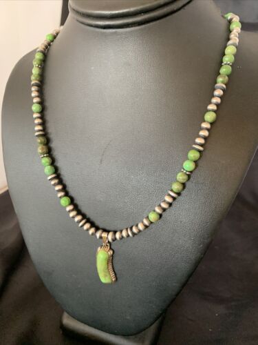 Navajo Green Gaspeite Turquoise Pendant | Sterling Silver Inlay | Authentic Native American Handmade | 12342