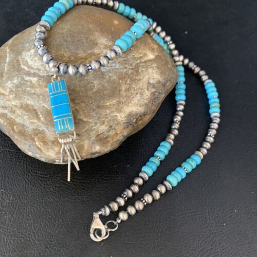 Navajo Blue Turquoise Inlay Pendant Necklace | Sterling Silver | Native American Handmade | 13836