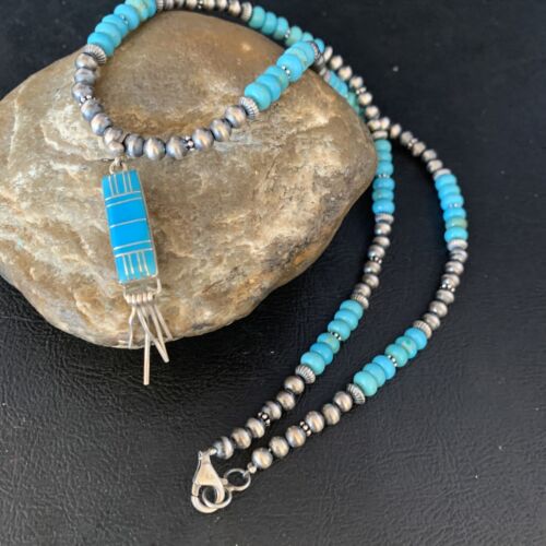 Navajo Blue Turquoise Pendant Necklace | Sterling Silver | Authentic Native American Handmade | 13835