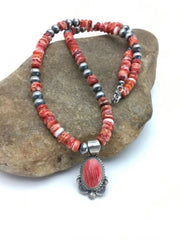 Navajo Red Spiny Oyster Pendant Necklace | Sterling Silver | Authentic Native American Handmade | 2690