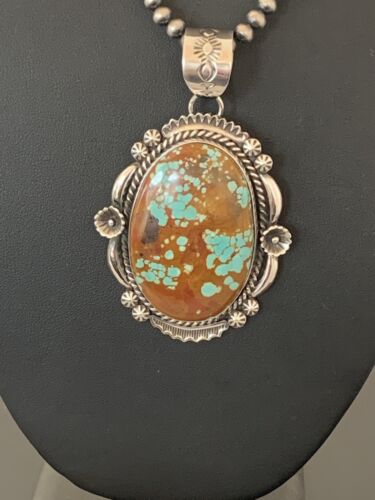 Men's Navajo Pearls Necklace Pendant | Sterling Silver | Blue Turquoise #8 | Authentic Native American Handmade | 00527