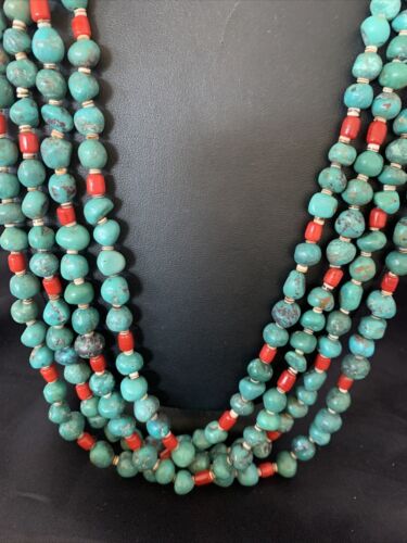 Native American Santo Domingo Blue Turquoise Coral Nugget Bead Necklace | 34" | 13183
