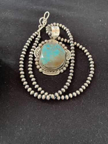 Men's Navajo Pearls Necklace Pendant | Sterling Silver | Blue Turquoise #8 | Authentic Native American Handmade | 528