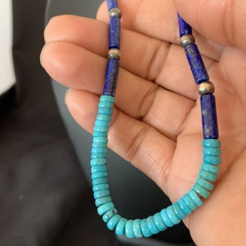 Native American Men's Navajo Lapis Turquoise Bead Necklace | Sterling Silver | 21" | 12471