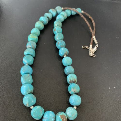 Native American Sterling Silver Heishi Blue Turquoise Bead Necklace Pendant | Handmade | 20" | 02021