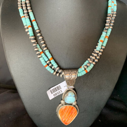 Navajo Dry Creek Turquoise Pendant | Sterling Silver Spiny Necklace | 2.5" | Multi-Strand | 13580 - Masha USA
