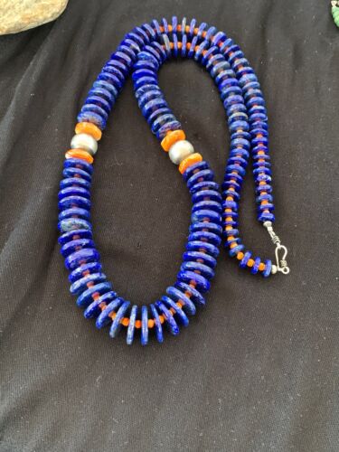 Authentic Native American Navajo Sterling Silver Beads Necklace Set | Lapis & Spiny Oyster| 30" | 11856