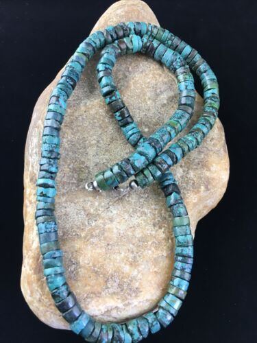 Native American Green Turquoise Heishi Necklace | Sterling Silver | 26" | 13901
