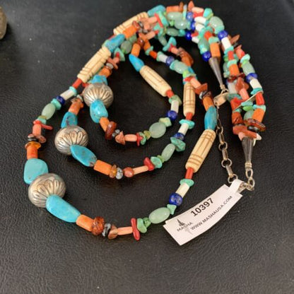 Native American Santo Domingo Spiny Blue Turquoise Necklace | 3-Strand Shell | 10397 - Masha USA
