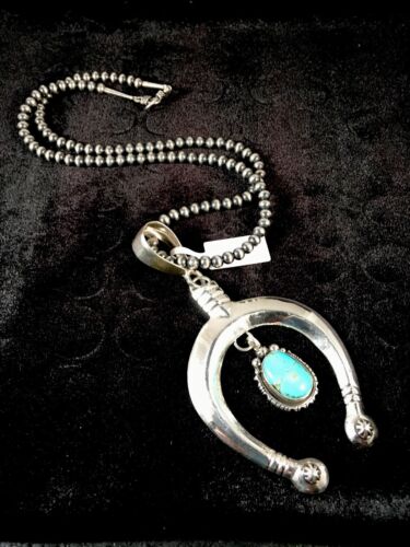 Navajo Turquoise #8 Naja Pendant | Sterling Silver Necklace | Authentic Native American Handmade | 8670