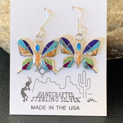 Navajo Butterfly Turquoise Spiny Opal Inlay Earrings | Sterling Silver | 0.5" | 12012