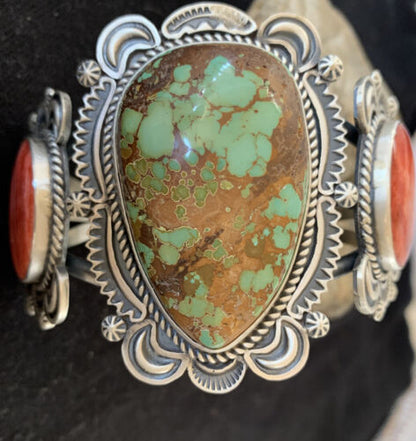 Navajo Royston Turquoise Spiny Oyster Cuff Bracelet | Sterling Silver | Authentic Native American Handmade | 1162