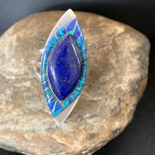 Native American Blue Lapis Navajo Sterling Silver Opal Inlay Ring Sz 6 12847