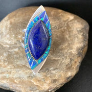Southwestern Blue Lapis Opal Inlay Ring | Navajo Sterling Silver | Sz 10 | Authentic Native American Handmade | 12846