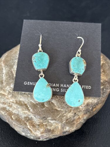 Kingman Turquoise Dangle Earrings | Navajo Handmade | Sterling Silver | Authentic Native American | 14579