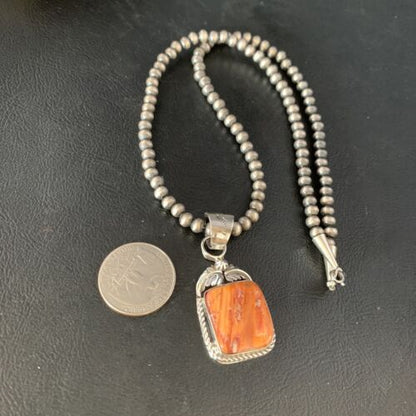 Navajo Orange Spiny Oyster Pendant | Sterling Silver | Authentic Native American Handmade | 13638
