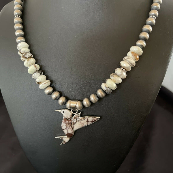 Navajo Hummingbird Inlay Necklace Pendant | Sterling Silver | Wild Horse Turquoise Inlay | 11345