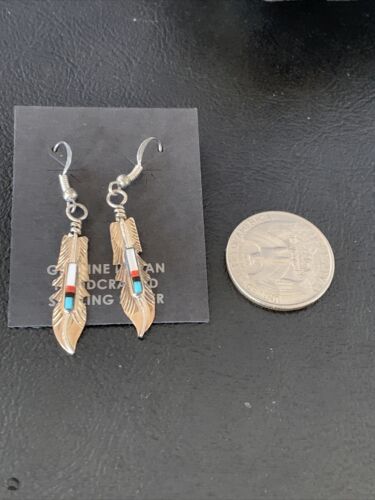 Navajo Coral Inlay Feather Earrings | Sterling Silver | Authentic Native American Handmade | 13065