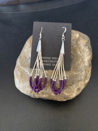 Handmade Liquid Silver Heishi Tube Beads Sugilite Earrings | Sterling Silver | 2" | 13048