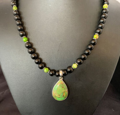 Navajo Pearls Onyx Mojave Turquoise Pendant Necklace | Sterling Silver | Authentic Native American Handmade | 13251