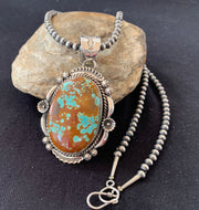 Men's Navajo Pearls Necklace Pendant | Sterling Silver | Blue Turquoise #8 | Authentic Native American Handmade | 00527