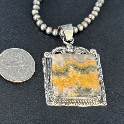 Navajo Bumblebee Jasper Pendant Necklace | Canary Yellow | Sterling Silver | Authentic Native American Handmade | 14249