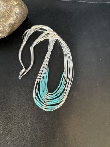 Southwestern Liquid Silver Heishi Necklace | 10 Strand | Turquoise | Sterling Silver | 14819
