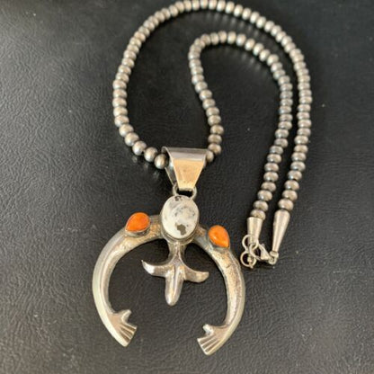 Navajo White Buffalo Turquoise & Spiny Oyster Naja Pendant | Sterling Silver | Authentic Native American Handmade | 13647