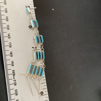 Zuni Handmade Kingman Turquoise Needle Point Dangle Earrings | Sterling Silver | 12123