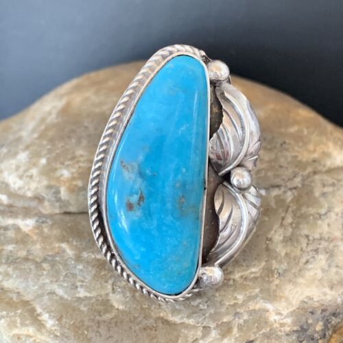 Navajo Blue Kingman Turquoise Ring | Sterling Silver Feather | Sz 7.5 | Authentic Native American Handmade | 10851