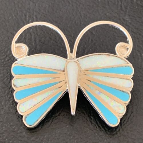 Zuni Blue Turquoise White Opal Butterfly Necklace Pin Pendant | Sterling Silver | 11972