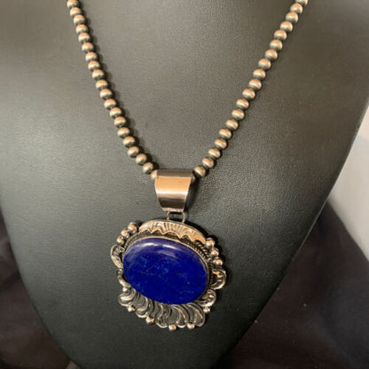 Native American Blue Lapis Pendant Necklace | Navajo Sterling Silver | Authentic Handmade | 14114