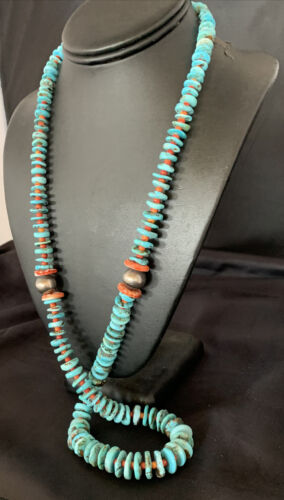 Navajo Natural Turquoise & Spiny Oyster Necklace | Sterling Silver | Authentic Native American | 32" | 13248