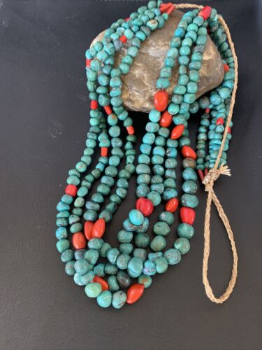 Men's Santo Domingo Blue Turquoise Coral Necklace | 4 Strand Large Bead | 34" | 13184