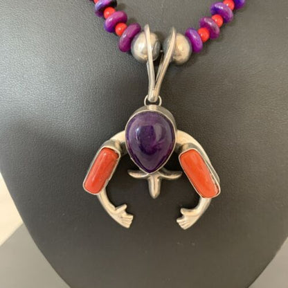 Navajo Sterling Silver Necklace with Purple Sugilite and Red Coral Naja Pendant | Authentic Native American Handmade | 02150