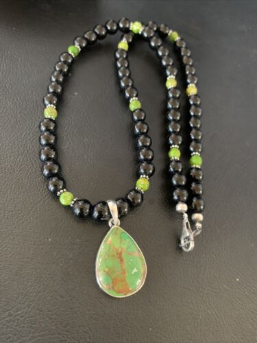 Navajo Pearls Onyx Mojave Turquoise Pendant Necklace | Sterling Silver | Authentic Native American Handmade | 13253