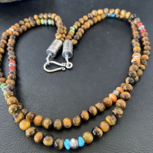 Navajo Tigers Eye Spiny Oyster Turquoise Necklace | Sterling Silver | 20" | Authentic Native American Handmade | 11834