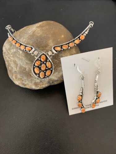 Navajo Orange Spiny Oyster Necklace Earrings Set | Sterling Silver | Authentic Native American Handmade | 2103