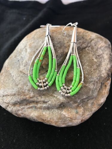 Navajo Green Gaspeite Earrings | Sterling Silver Liquid Heishi Dangle | 2.25" | Authentic Native American Handmade | 2021