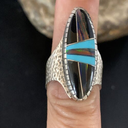 Men's Navajo Multi-Color Opal Turquoise Inlay Ring | Sterling Silver | Sz 7.5 | 13571