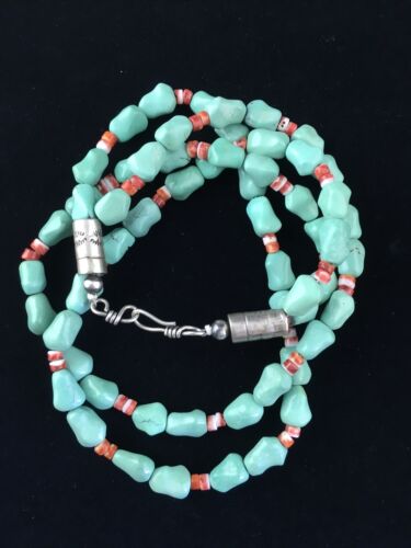 Native American Sterling Silver Blue Turquoise Spiny Oyster Necklace | 18" | 10062