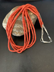 Navajo Red Coral 5-Strand Sterling Silver Turquoise Bead Necklace 22" | Native American Jewelry 12622