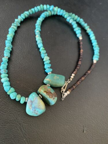 Navajo Blue Turquoise Nugget Pendant Necklace | Sterling Silver Pearls | 18" | Authentic Native American Handmade | 12446