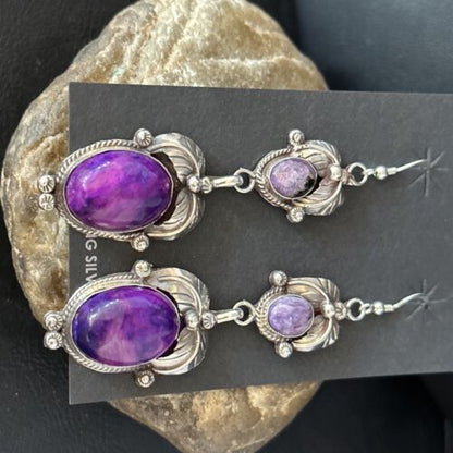 Navajo Purple Sugilite Dangle Earrings | Sterling Silver | 2" | Authentic Native American Handmade | 14402