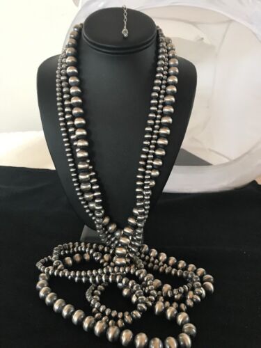 Navajo Pearls Sterling Silver Bead Necklace | 60" 3-Strand | Native American Handmade | 93960