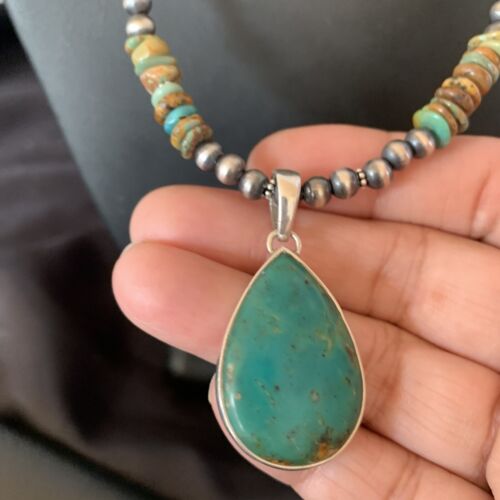 Navajo Royston Bead Green Turquoise Necklace Pendant | Sterling Silver | Authentic Native American Handmade | 11868